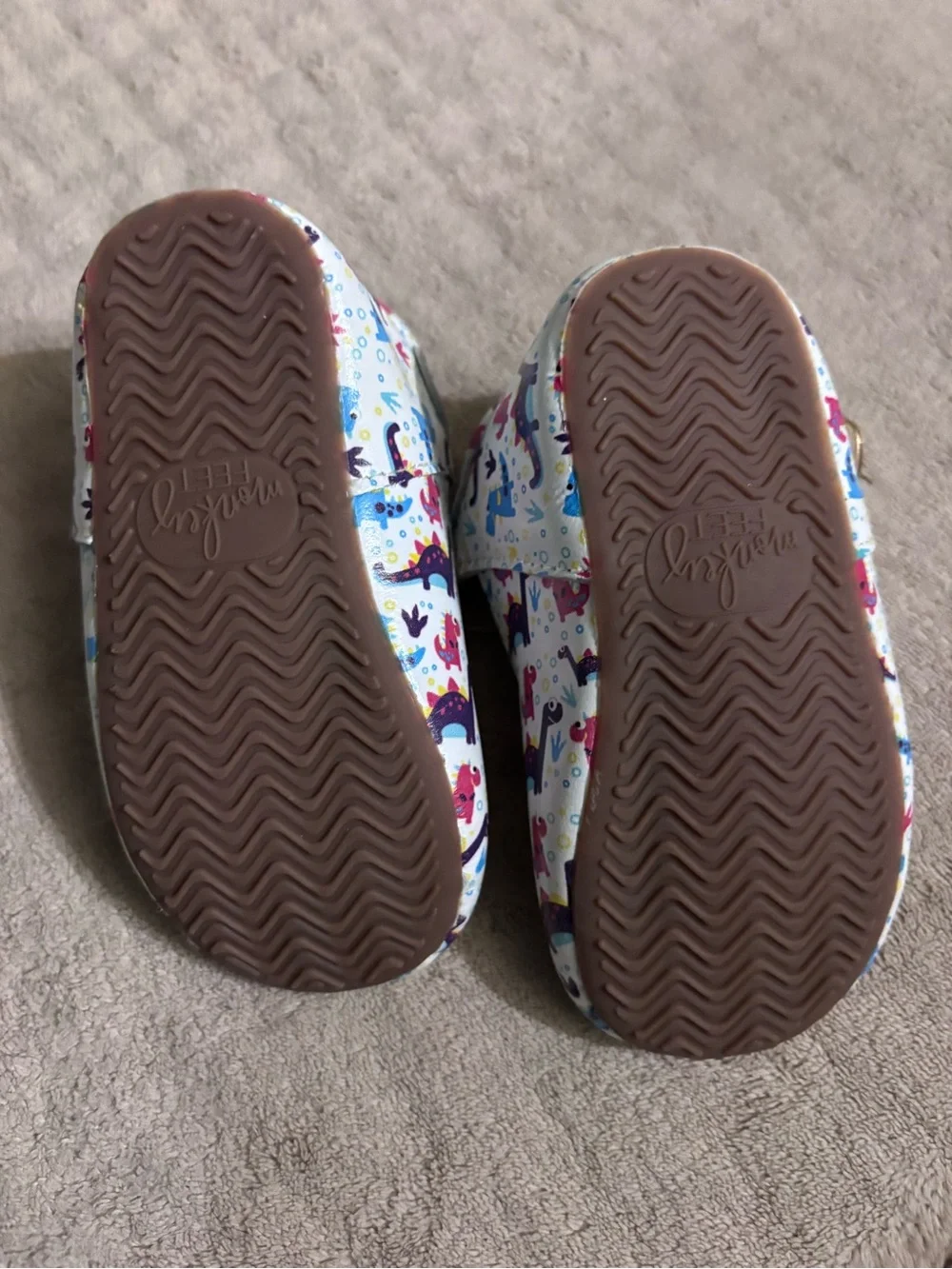 Monkey Feet T-Strap Shoes with Colorful Dinosaur Print-EUC 12-18 MONTHS